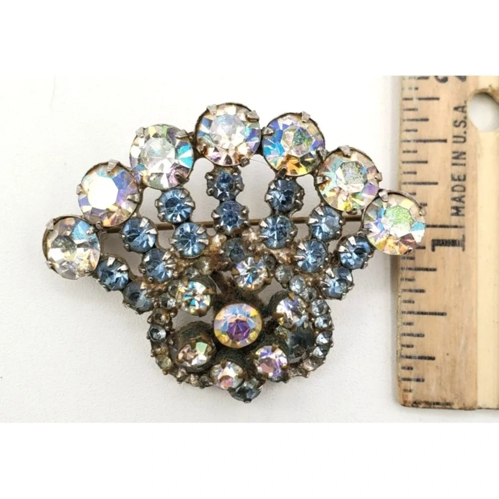 Vintage Pot Metal Fan Brooch AB Rhinestones Blue Crystal Silver Tone Pin